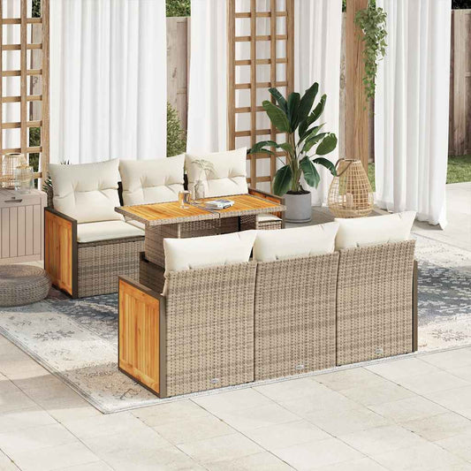 7-delige Loungeset met kussens poly rattan acacia beige