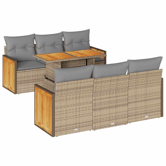 7-delige Loungeset met kussens poly rattan acacia beige