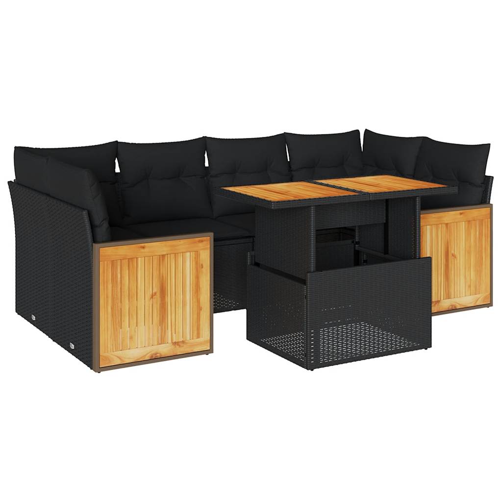 7-delige Loungeset met kussens poly rattan acacia zwart