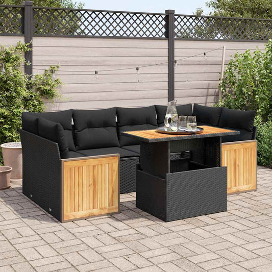 7-delige Loungeset met kussens poly rattan acacia zwart