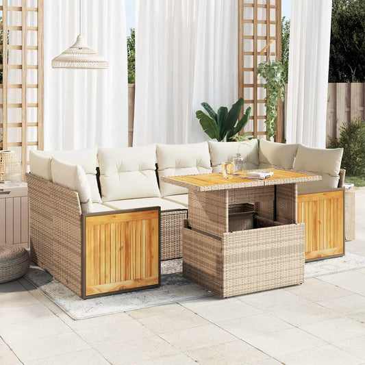 7-delige Loungeset met kussens poly rattan acacia beige