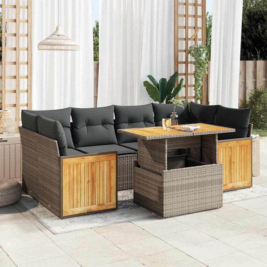 7-delige Loungeset met kussens poly rattan acacia grijs