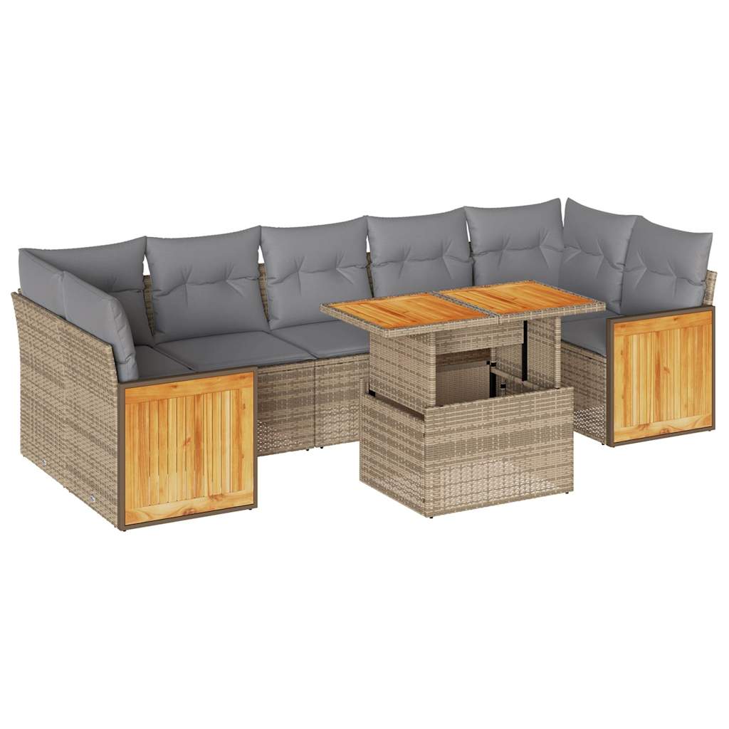 8-delige Loungeset met kussens poly rattan acacia beige