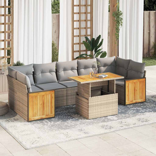 8-delige Loungeset met kussens poly rattan acacia beige