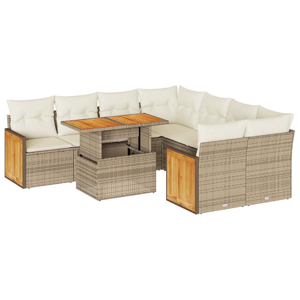 9-delige Loungeset met kussens poly rattan acacia beige