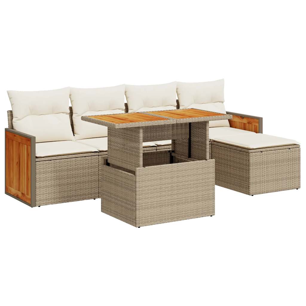 6-delige Loungeset met kussens poly rattan acacia beige