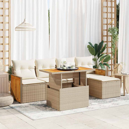 6-delige Loungeset met kussens poly rattan acacia beige