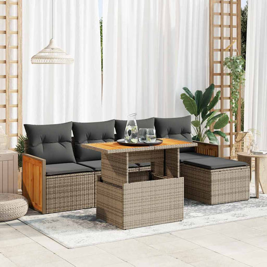 6-delige Loungeset met kussens poly rattan acacia grijs