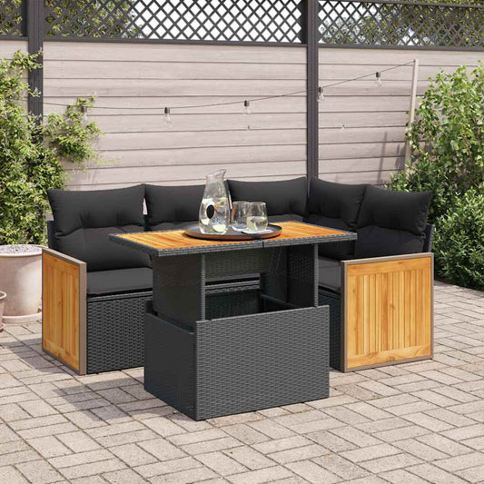 5-delige Loungeset met kussens poly rattan acacia zwart