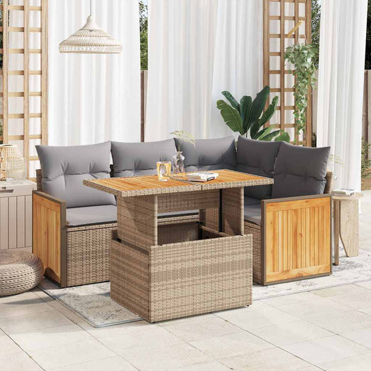 5-delige Loungeset met kussens poly rattan en acaciahout beige