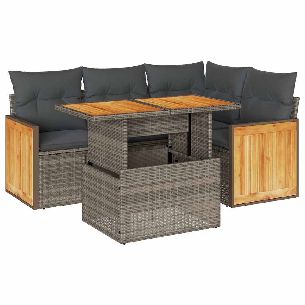 5-delige Loungeset met kussens poly rattan acacia grijs