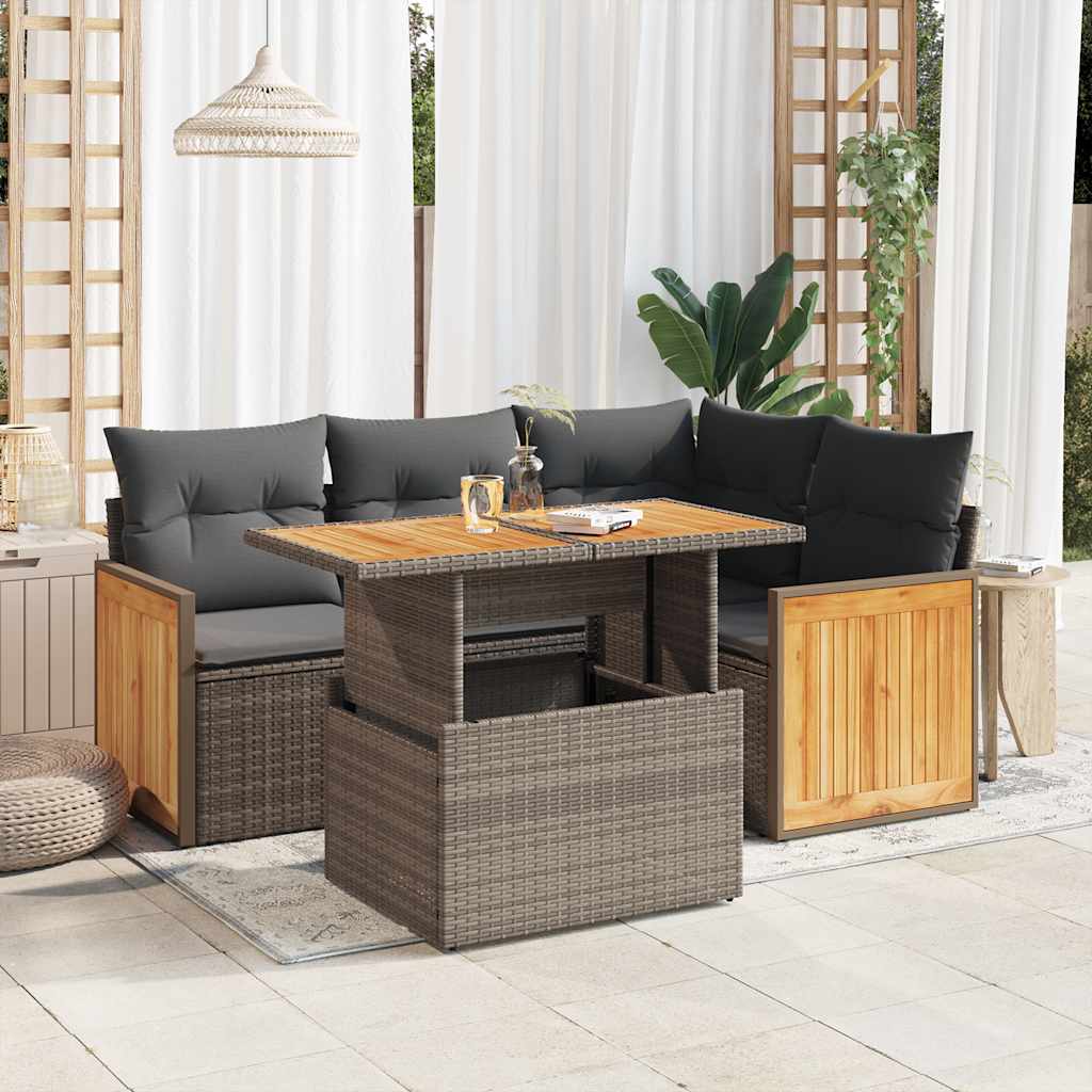 5-delige Loungeset met kussens poly rattan acacia grijs