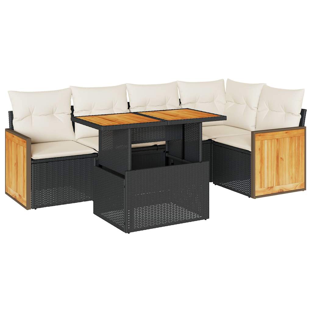 6-delige Loungeset met kussens poly rattan acacia zwart