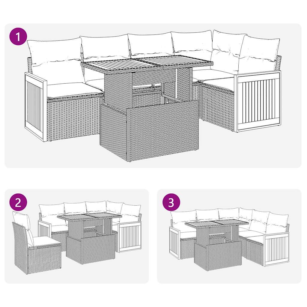 6-delige Loungeset met kussens poly rattan acacia zwart