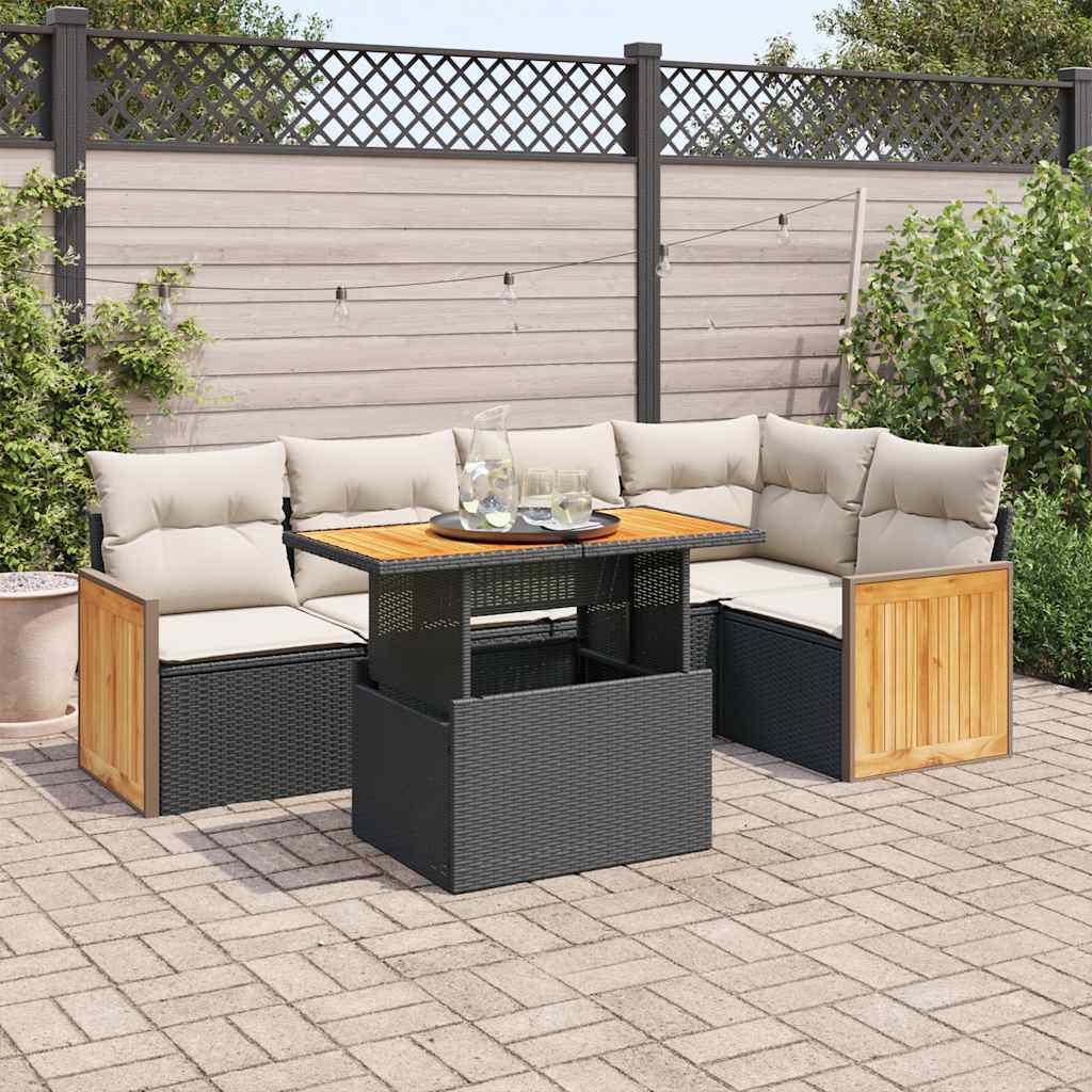 6-delige Loungeset met kussens poly rattan acacia zwart