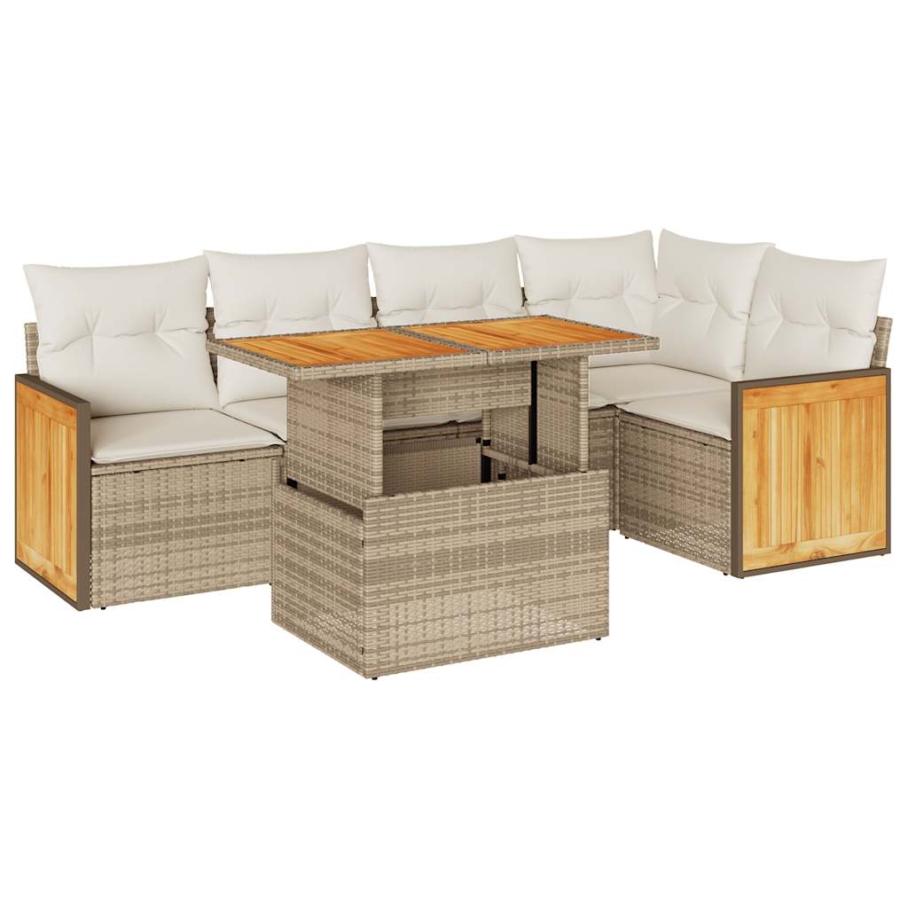 6-delige Loungeset met kussens poly rattan acacia beige