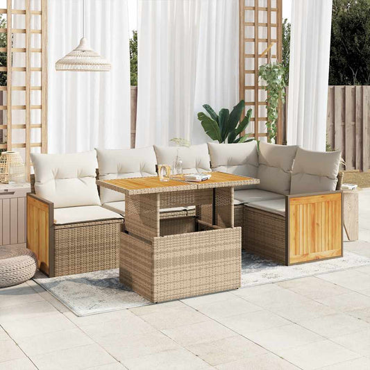 6-delige Loungeset met kussens poly rattan acacia beige