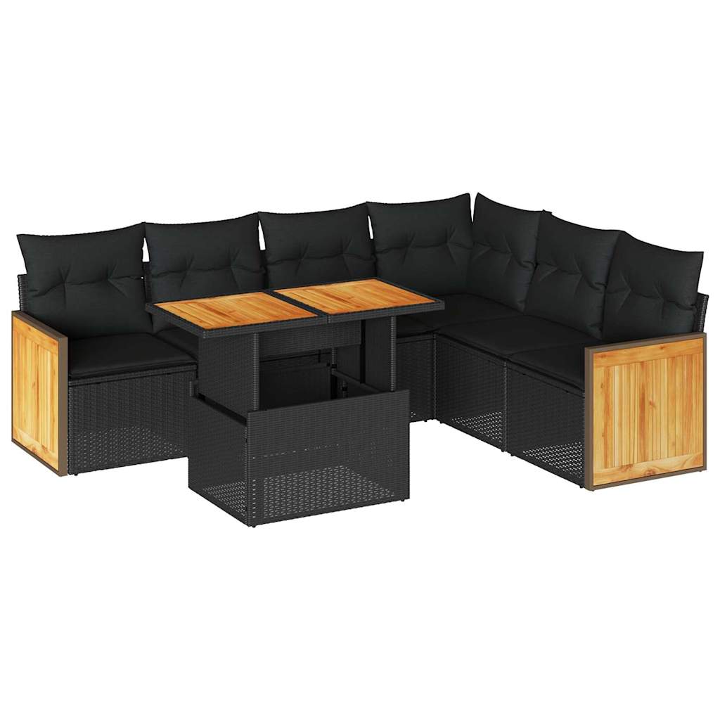 7-delige Loungeset met kussens poly rattan acacia zwart