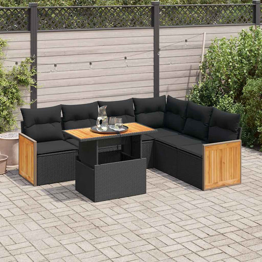 7-delige Loungeset met kussens poly rattan acacia zwart