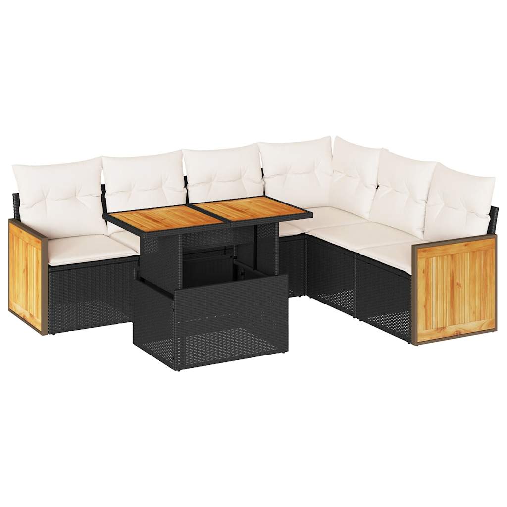 7-delige Loungeset met kussens poly rattan acacia zwart