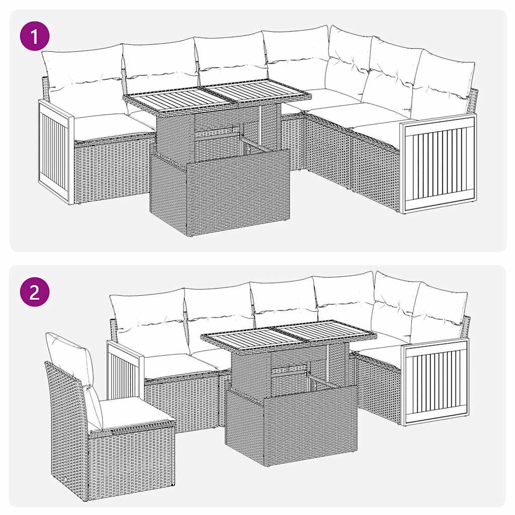 7-delige Loungeset met kussens poly rattan acacia zwart