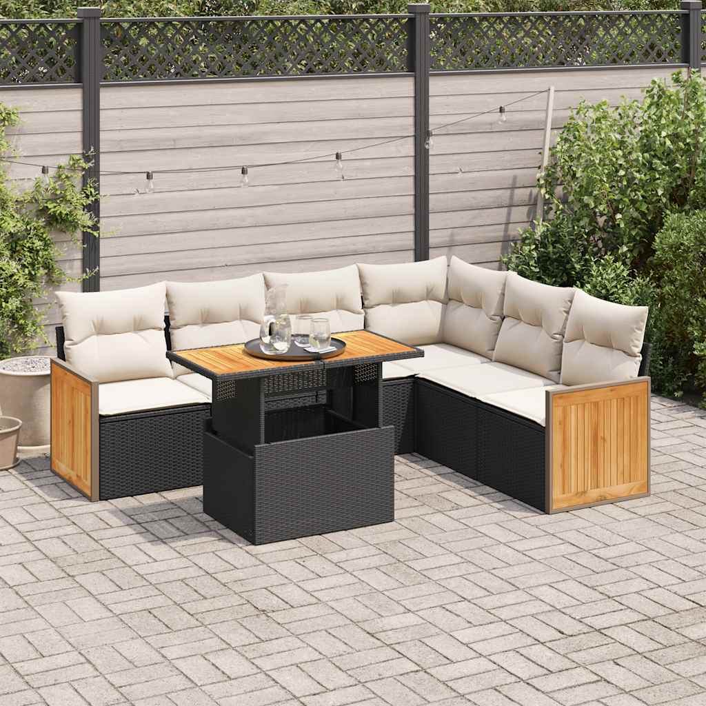 7-delige Loungeset met kussens poly rattan acacia zwart