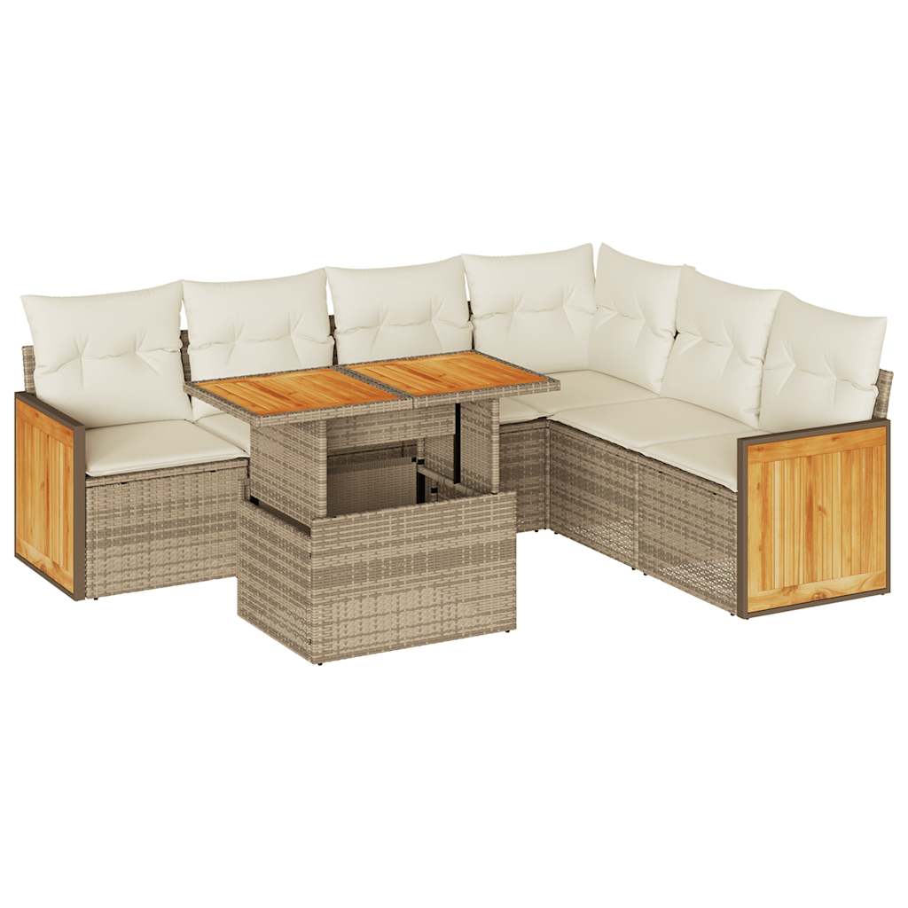 7-delige Loungeset met kussens poly rattan acacia beige