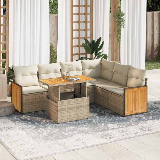 7-delige Loungeset met kussens poly rattan acacia beige