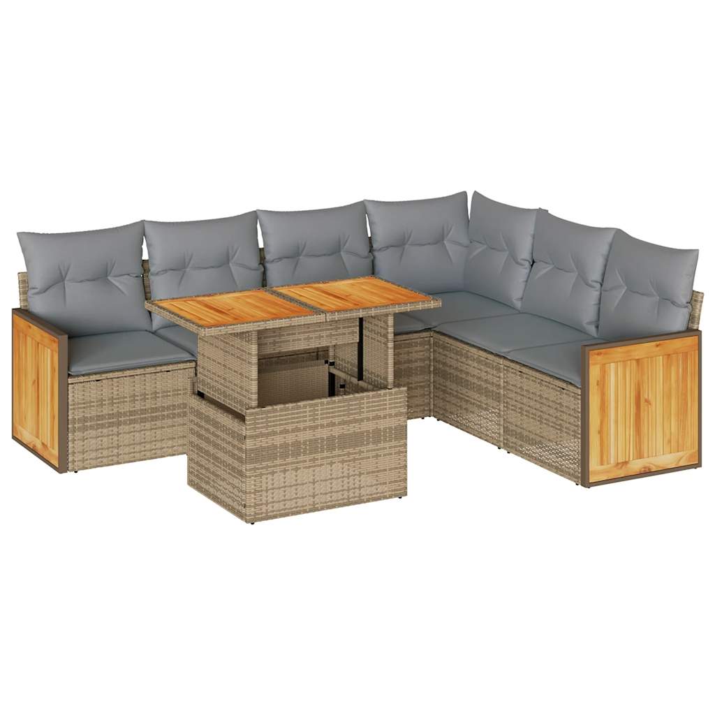 7-delige Loungeset met kussens poly rattan acacia beige