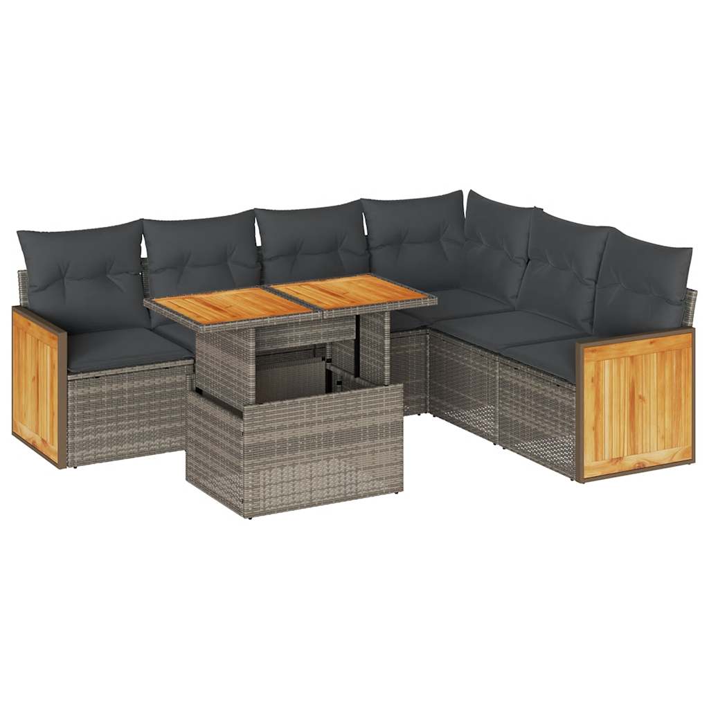 7-delige Loungeset met kussens poly rattan acacia grijs