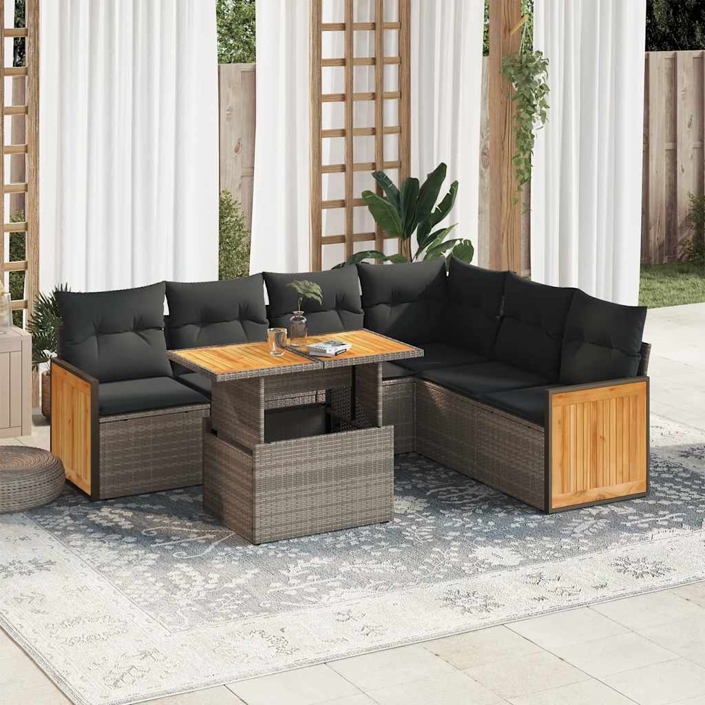 7-delige Loungeset met kussens poly rattan acacia grijs