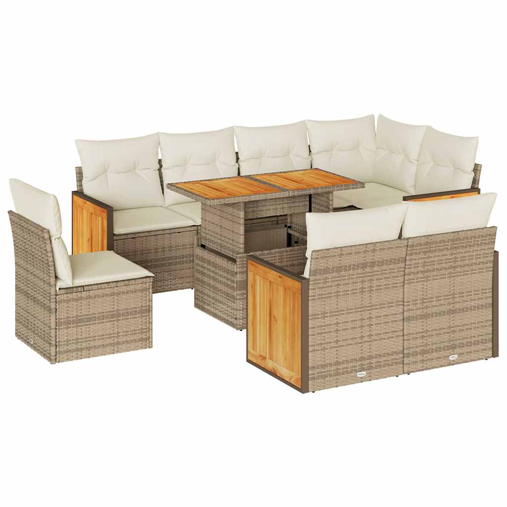 9-delige Loungeset met kussens poly rattan acacia beige