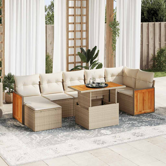 7-delige Loungeset met kussens poly rattan acacia beige