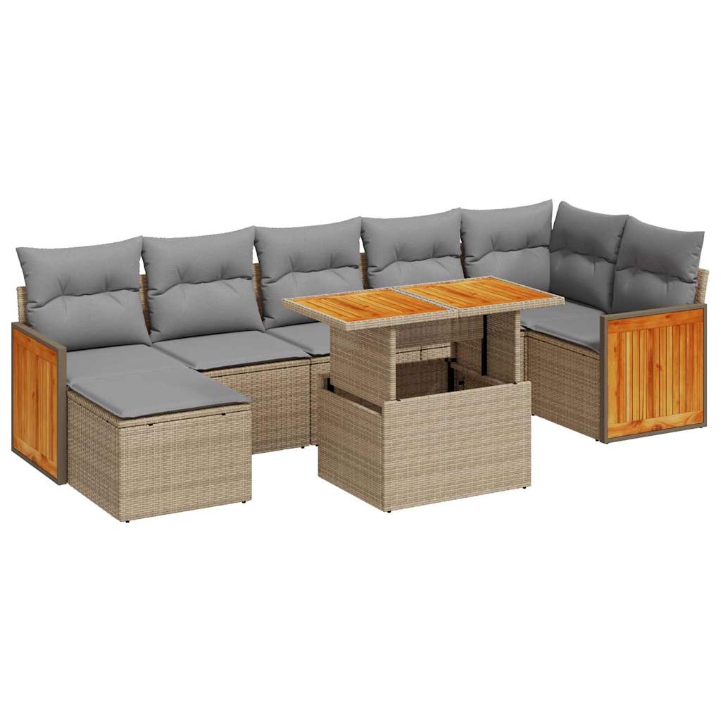 7-delige Loungeset met kussens poly rattan acacia beige