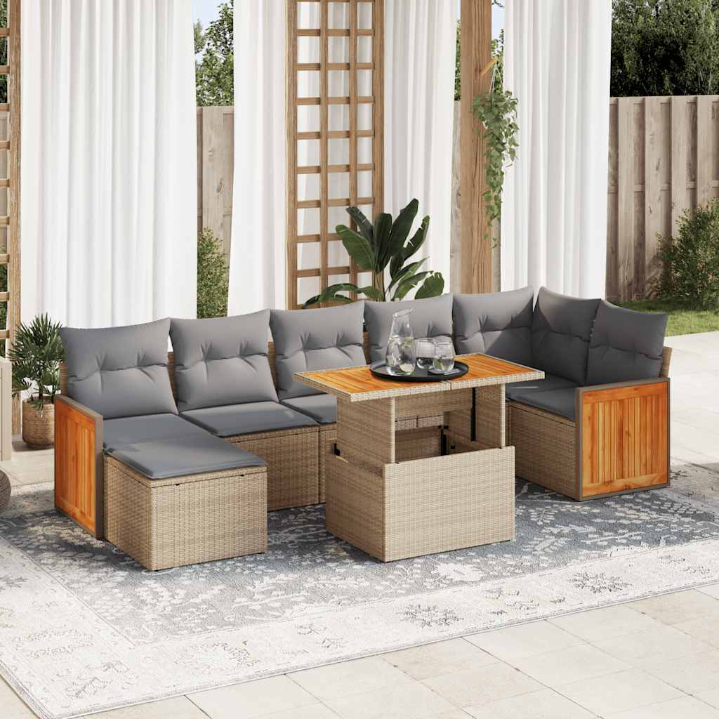 7-delige Loungeset met kussens poly rattan acacia beige