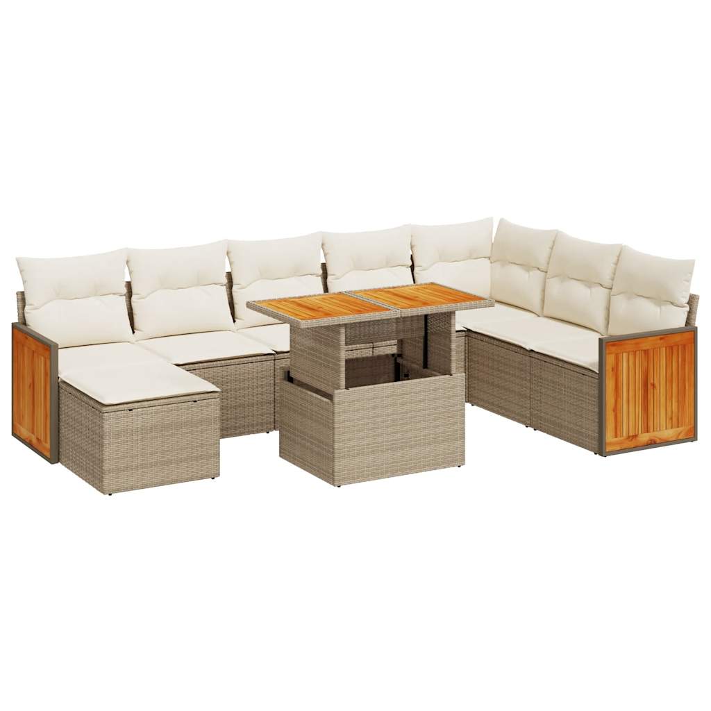 7-delige Loungeset met kussens poly rattan acacia beige