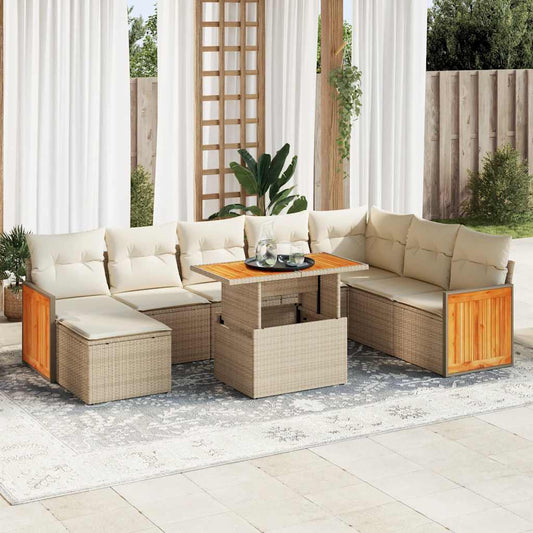 7-delige Loungeset met kussens poly rattan acacia beige