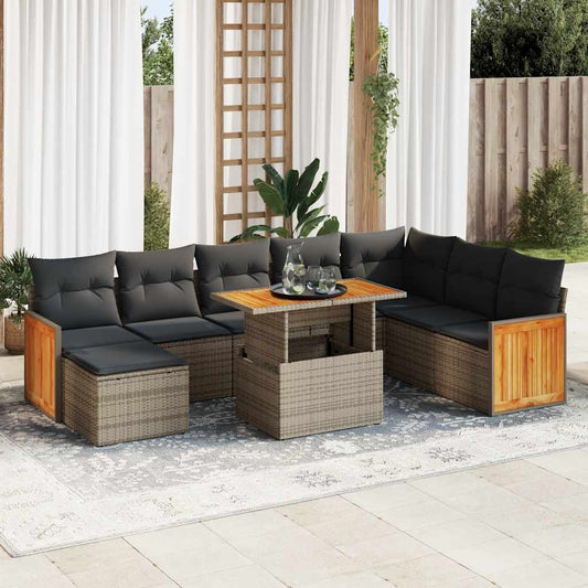 7-delige Loungeset met kussens poly rattan acacia grijs