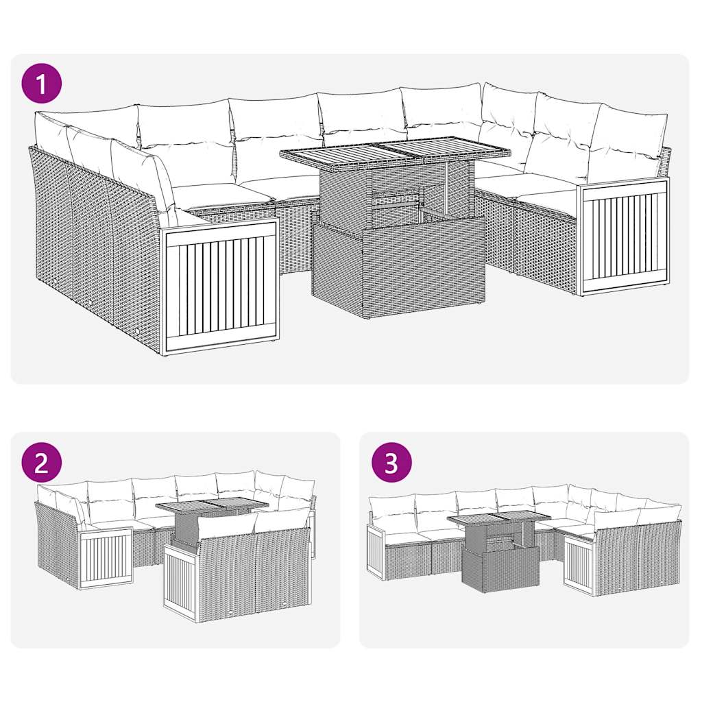 10-delige Loungeset met kussens poly rattan acacia zwart