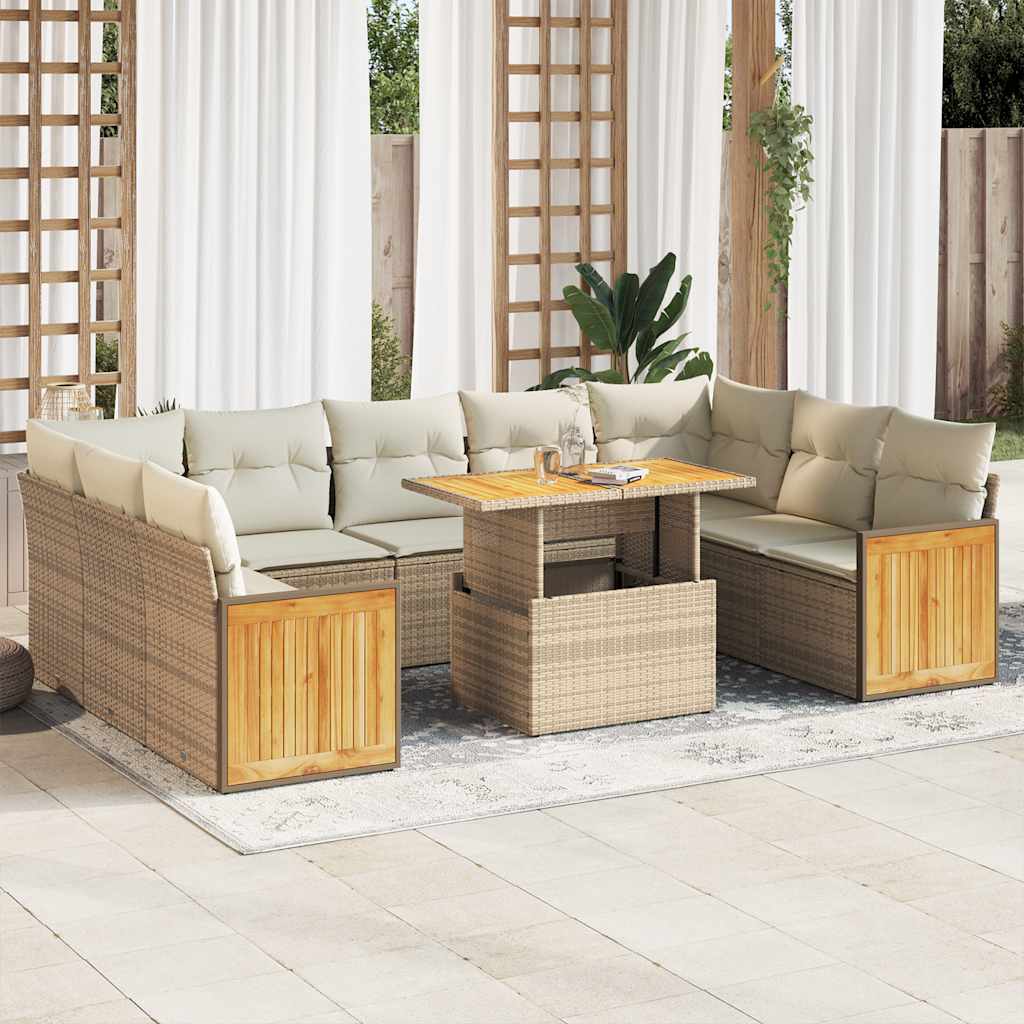 10-delige Loungeset met kussens poly rattan acacia beige