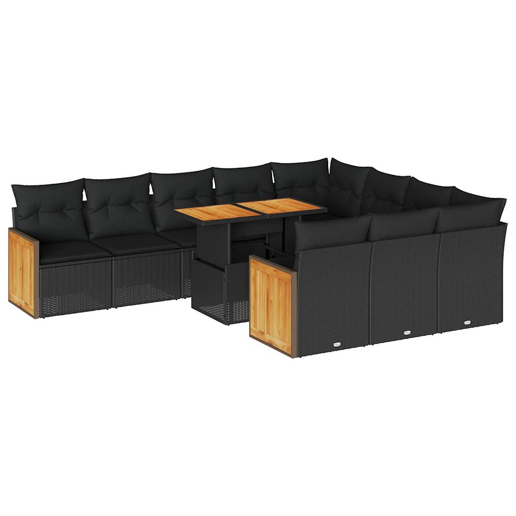 11-delige Loungeset met kussens poly rattan acacia zwart