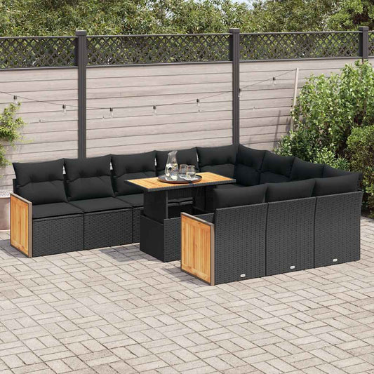 11-delige Loungeset met kussens poly rattan acacia zwart