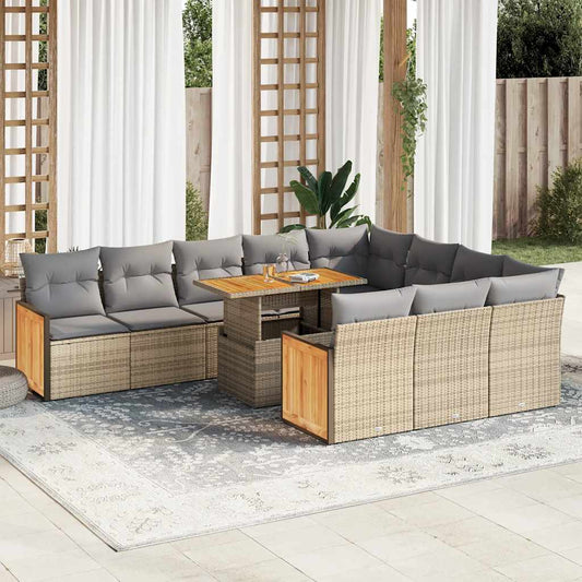 11-delige Tuinset met kussens poly rattan acacia beige