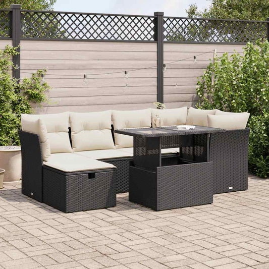 7-delige Loungeset met kussens poly rattan zwart