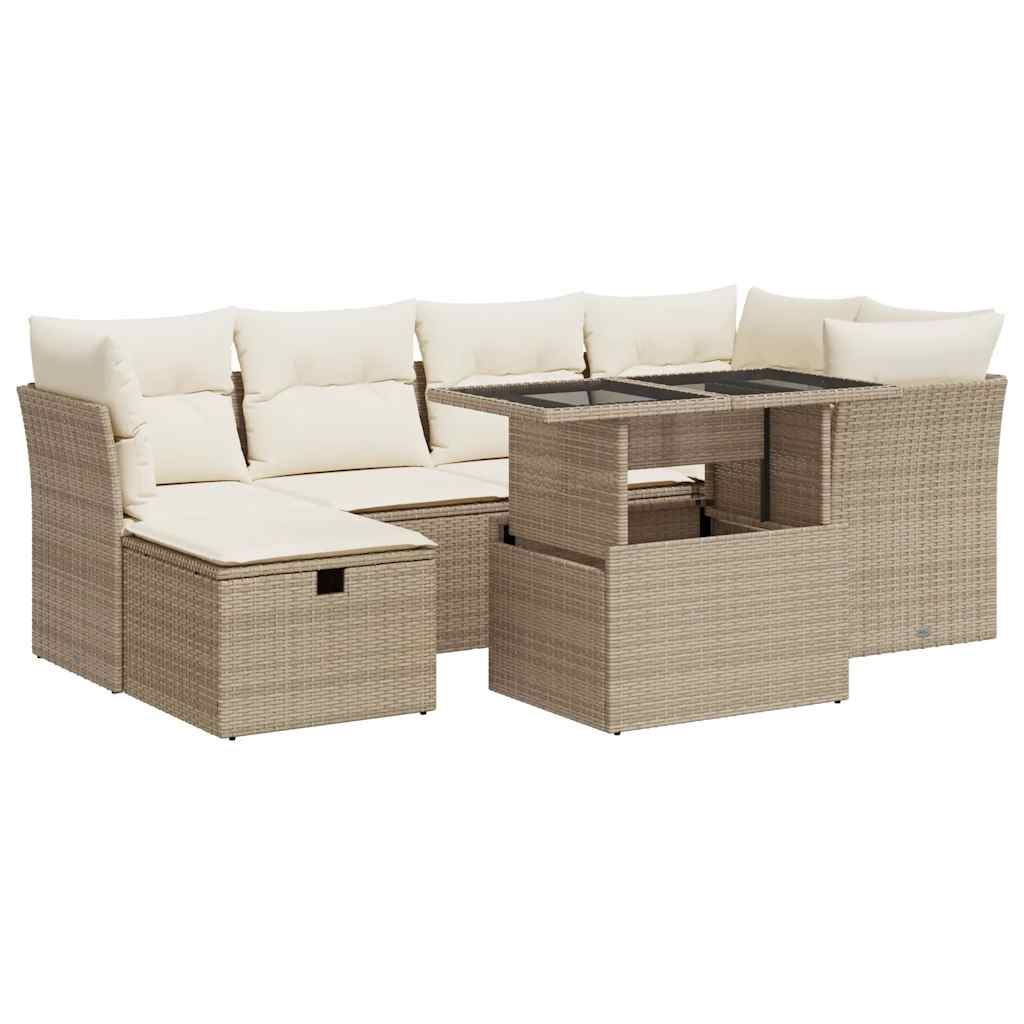 7-delige Loungeset met kussens poly rattan beige