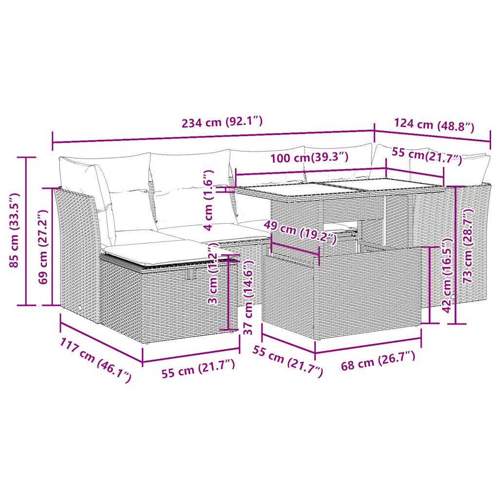 7-delige Loungeset met kussens poly rattan beige