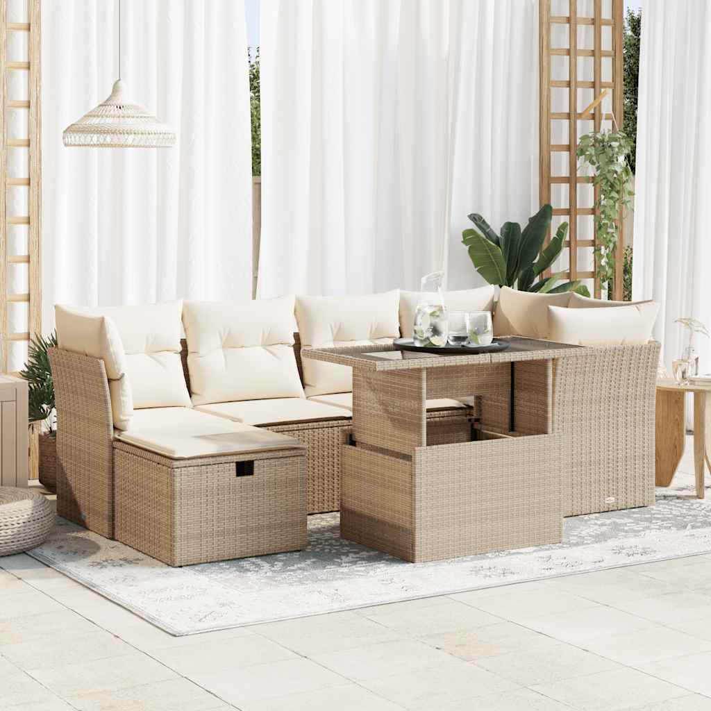 7-delige Loungeset met kussens poly rattan beige