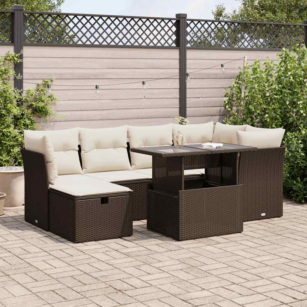 7-delige Loungeset met kussens poly rattan bruin