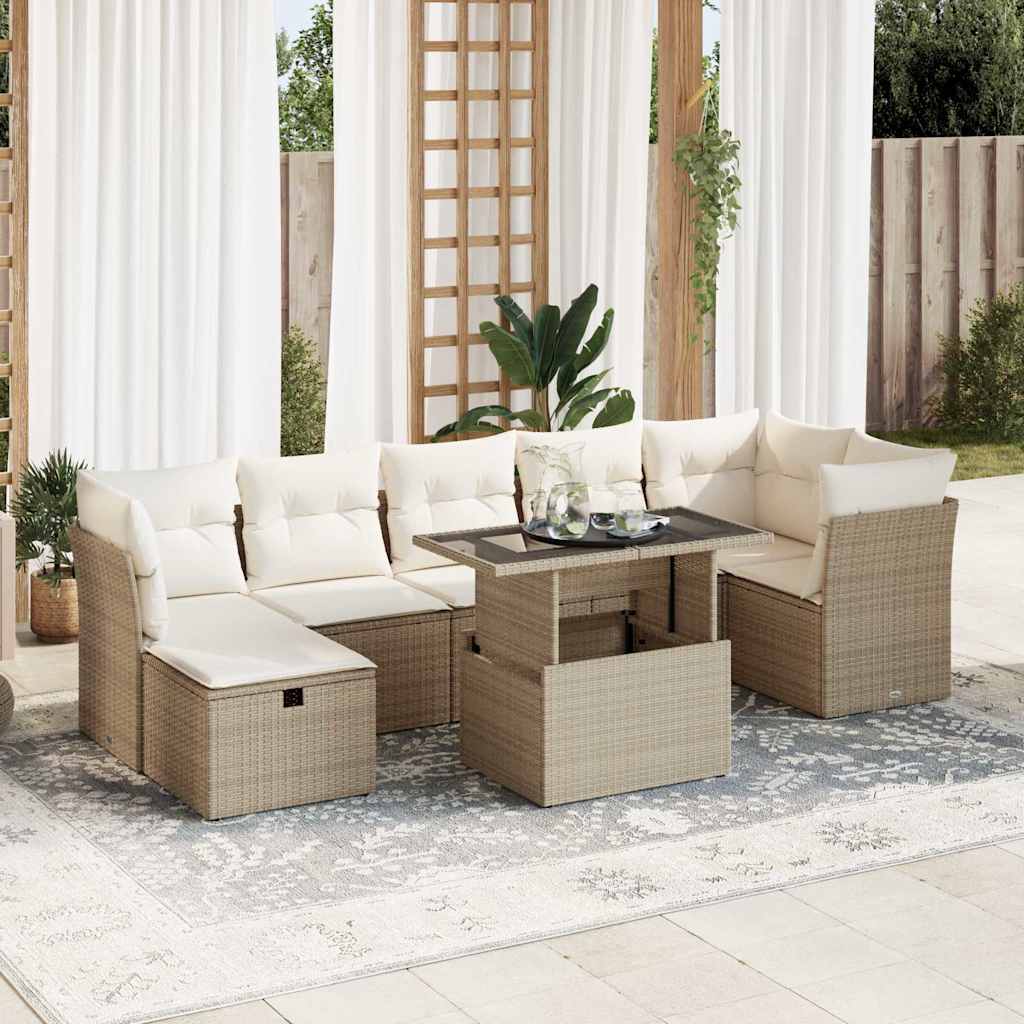 8-delige Loungeset met kussens poly rattan beige