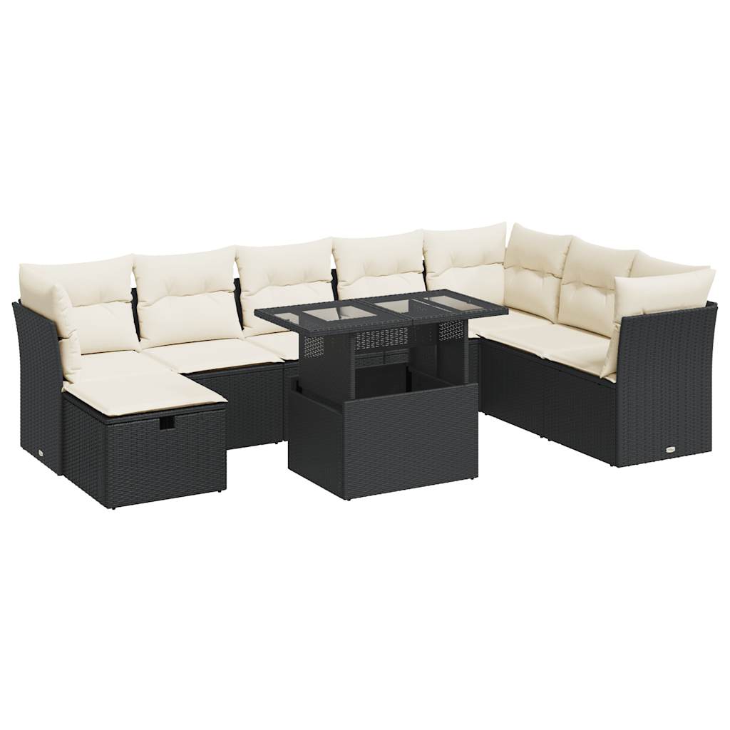 9-delige Loungeset met kussens poly rattan zwart